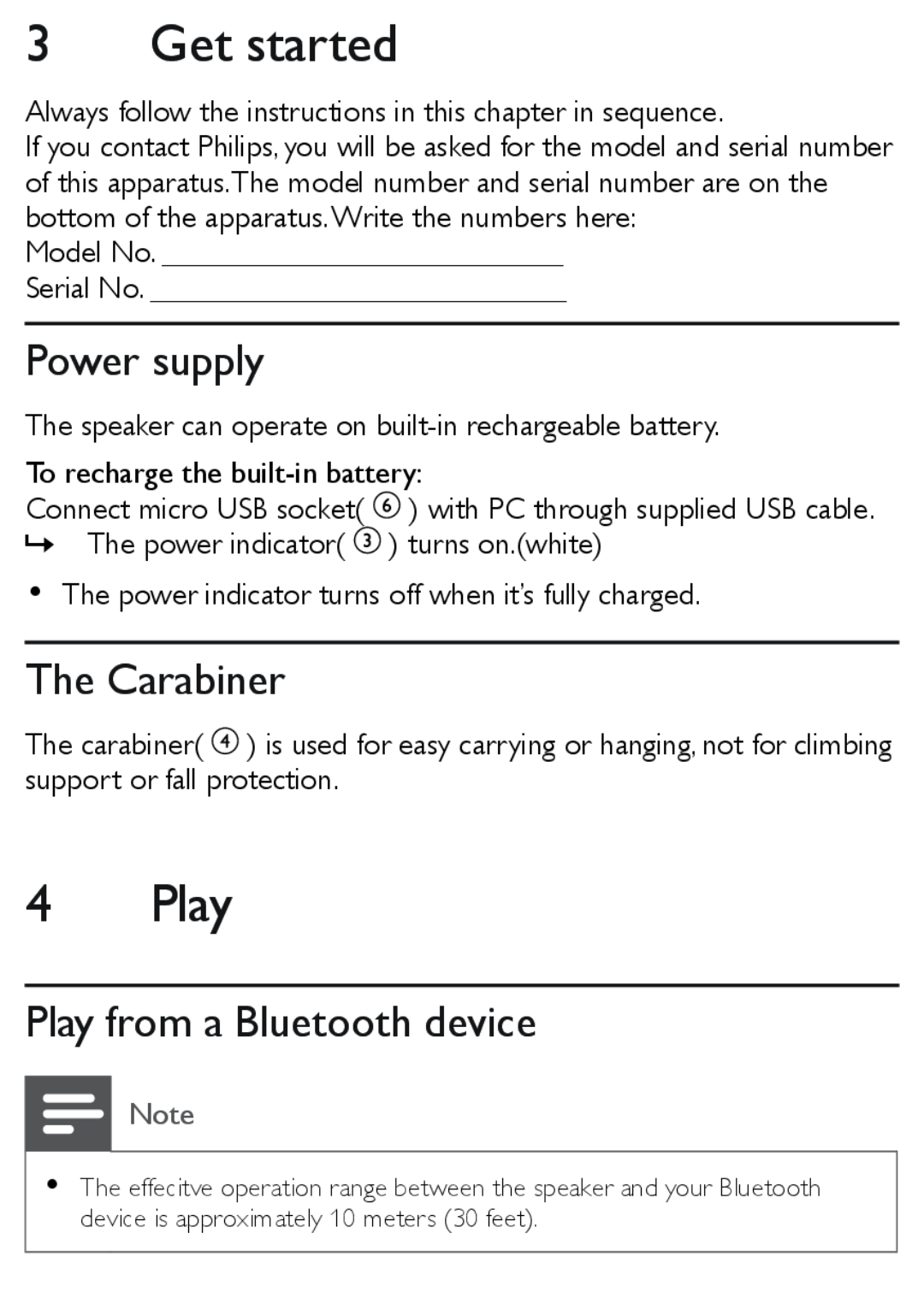 Philips SBT30 user manual Get started, Power supply, The Carabiner, Play from a Bluetooth device 