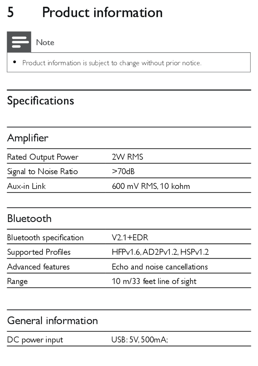 Philips SBT30 user manual Product information, Specifications, Amplifier, Bluetooth, General information 