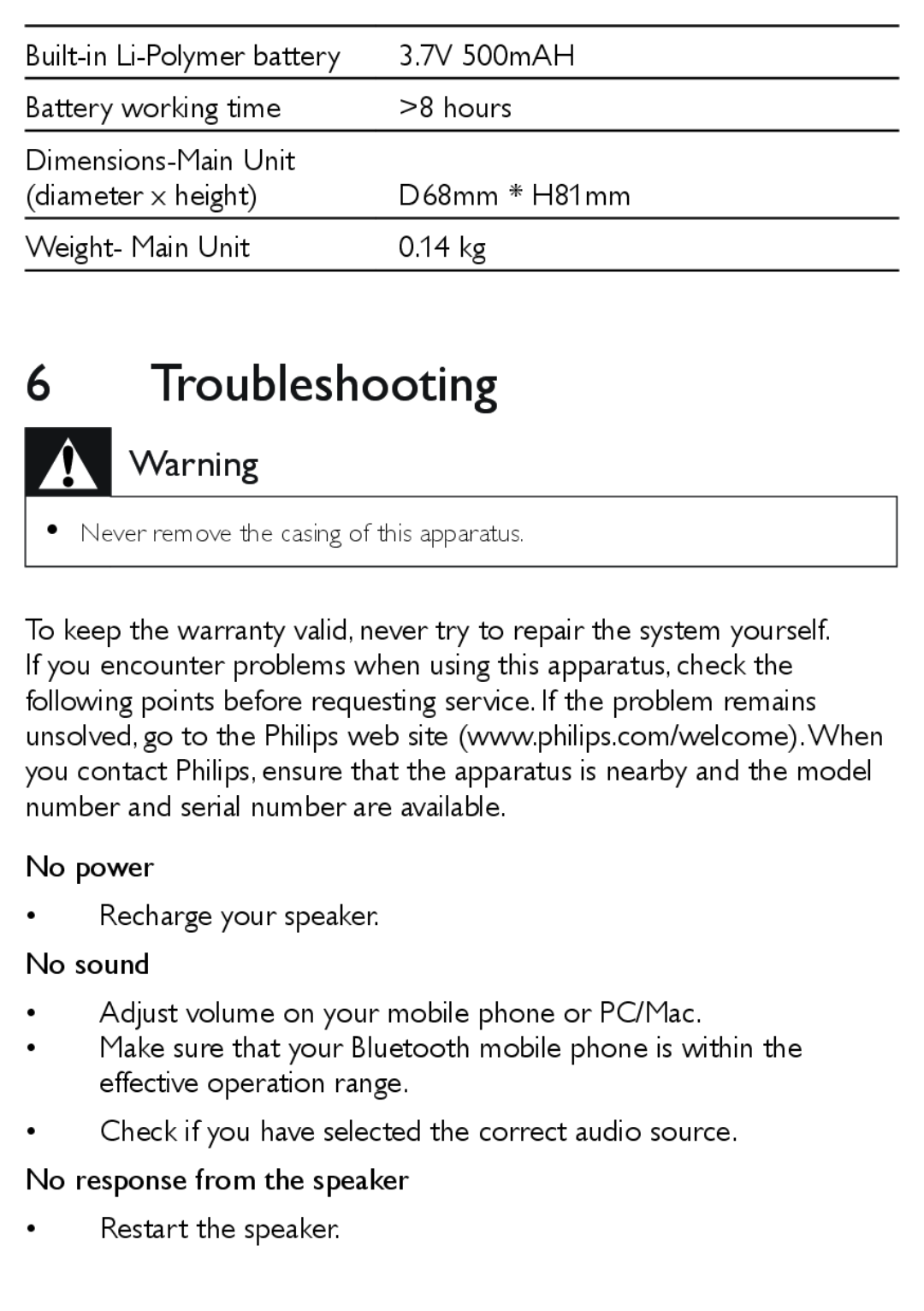 Philips SBT30 user manual Troubleshooting 