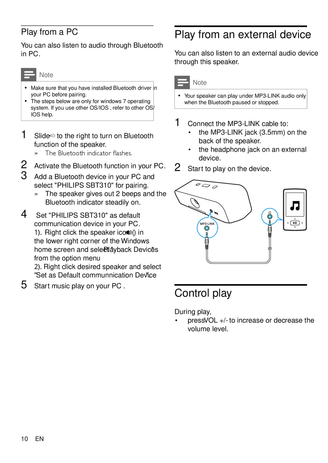 Philips SBT37, SBT310/37 user manual Play from an external device, Control play, Play from a PC 