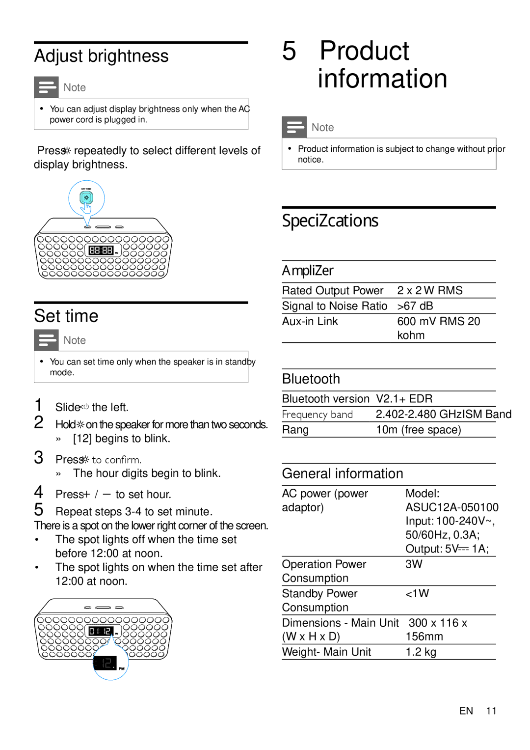 Philips SBT310/37, SBT37 user manual Product information, Adjust brightness, Set time, Specifications 