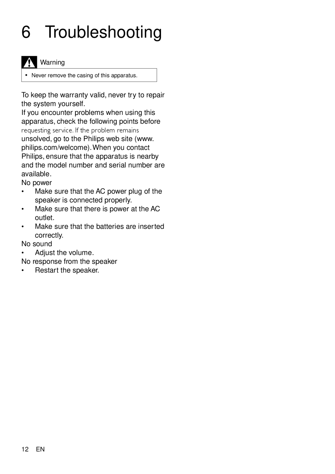 Philips SBT37, SBT310/37 user manual Troubleshooting, 12 EN 