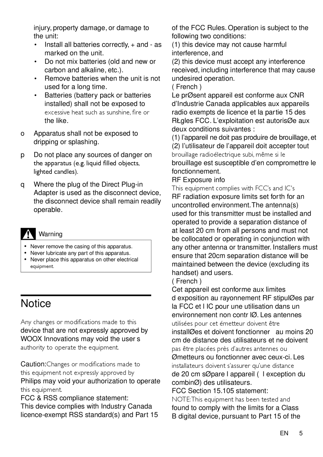 Philips SBT310/37, SBT37 user manual FCC & RSS compliance statement, French, FCC .105 statement 