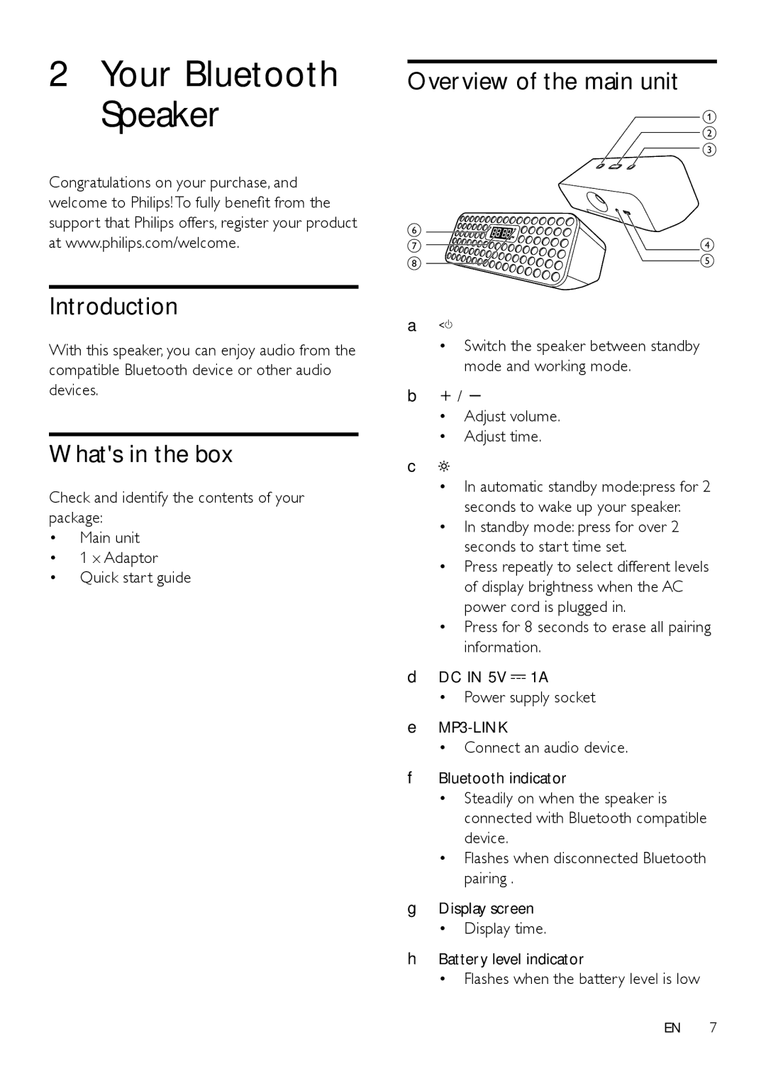 Philips SBT310/37, SBT37 user manual Introduction, Whats in the box, Overview of the main unit, Adjust volume Adjust time 