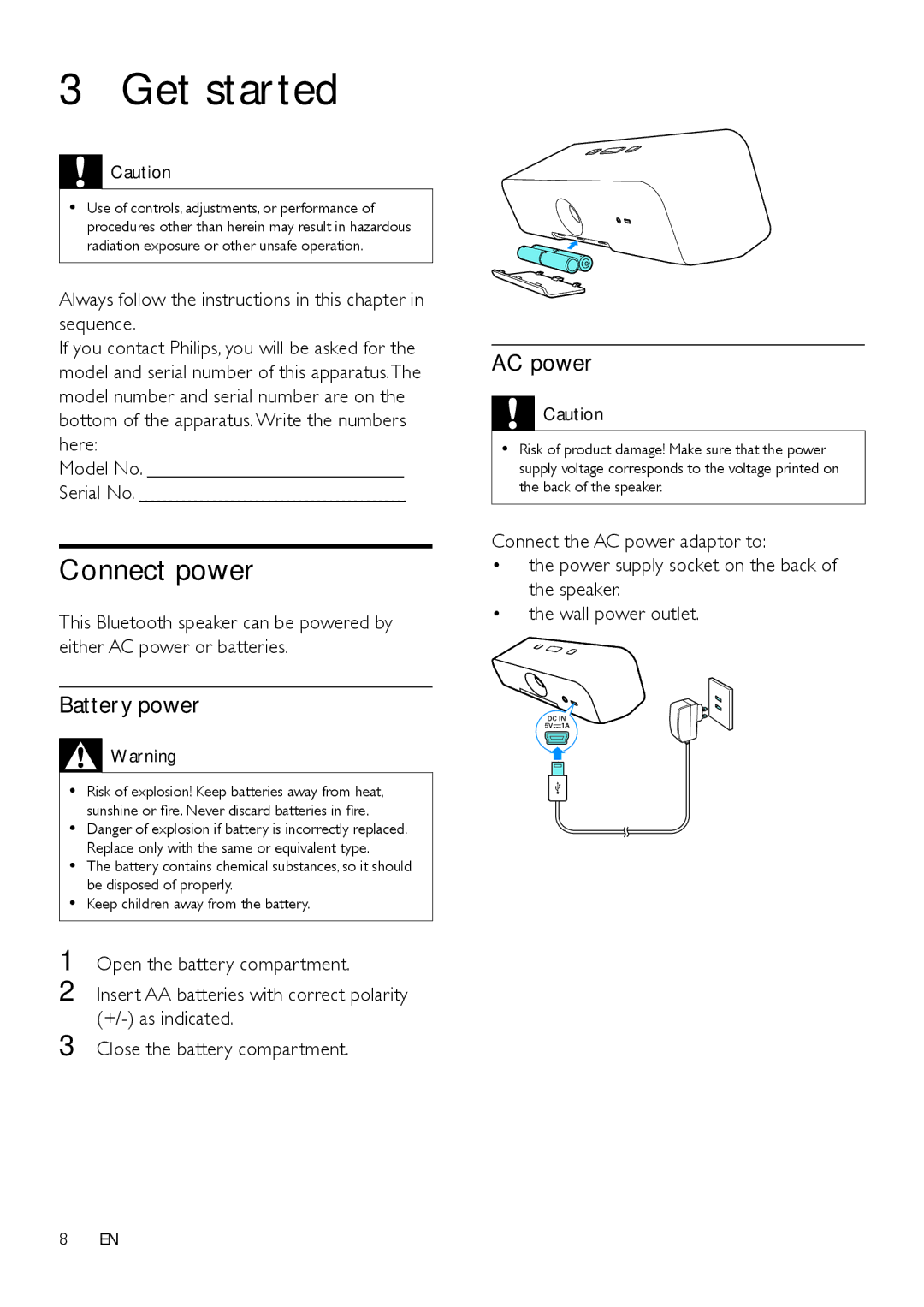 Philips SBT37, SBT310/37 user manual Get started, Connect power, Battery power, AC power 