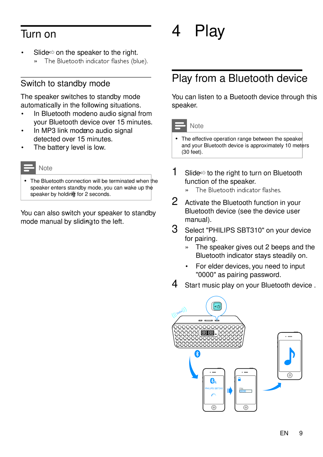 Philips SBT310/37, SBT37 user manual Turn on, Play from a Bluetooth device, Switch to standby mode 