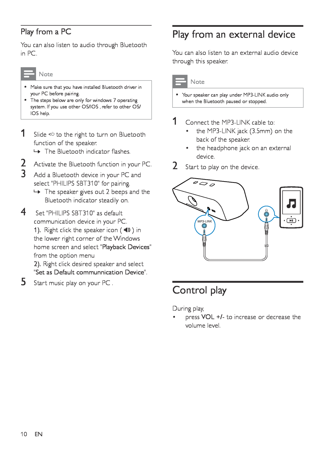 Philips SBT37, SBT310/37 user manual Play from an external device, Control play, Play from a PC 