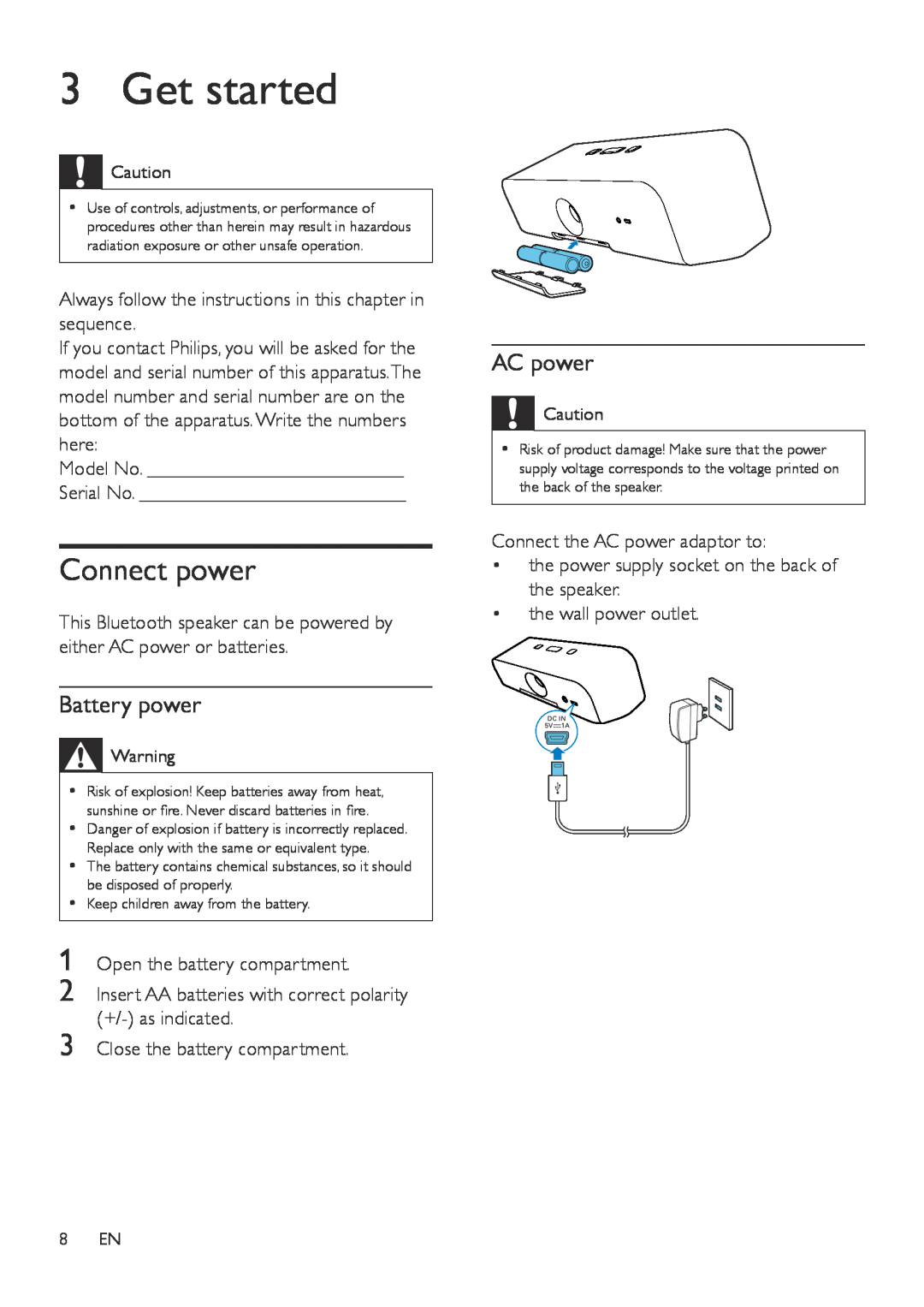 Philips SBT37, SBT310/37 user manual Get started, Connect power, Battery power, AC power 