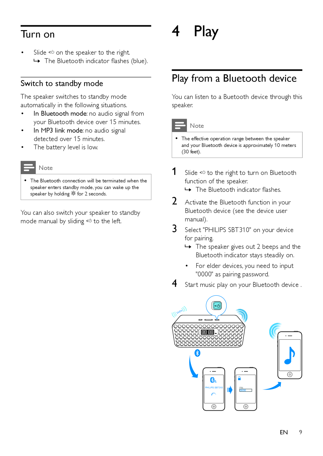 Philips SBT310/37, SBT37 user manual Turn on, Play from a Bluetooth device, Switch to standby mode 