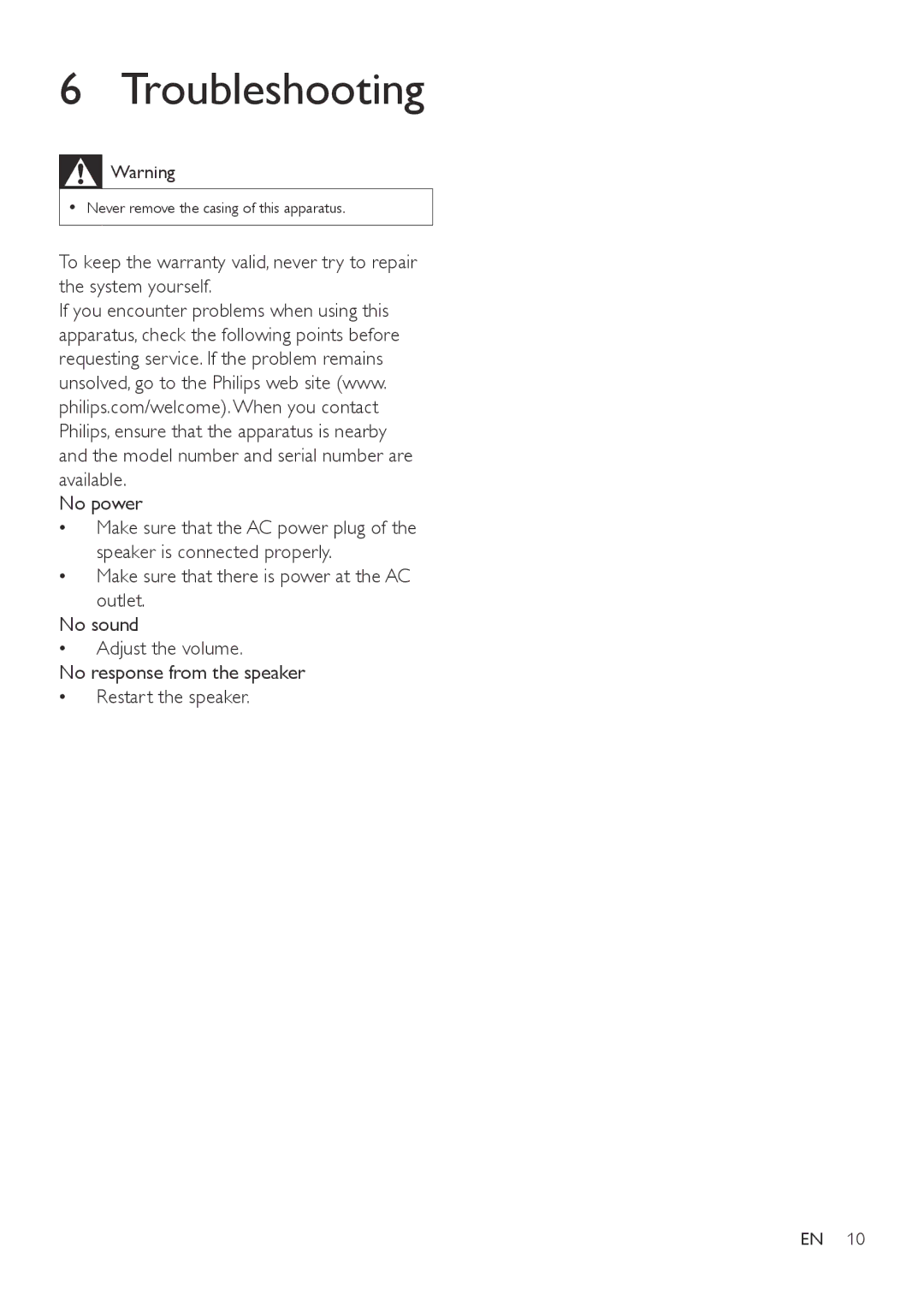 Philips SBT550WHI/12 user manual Troubleshooting 