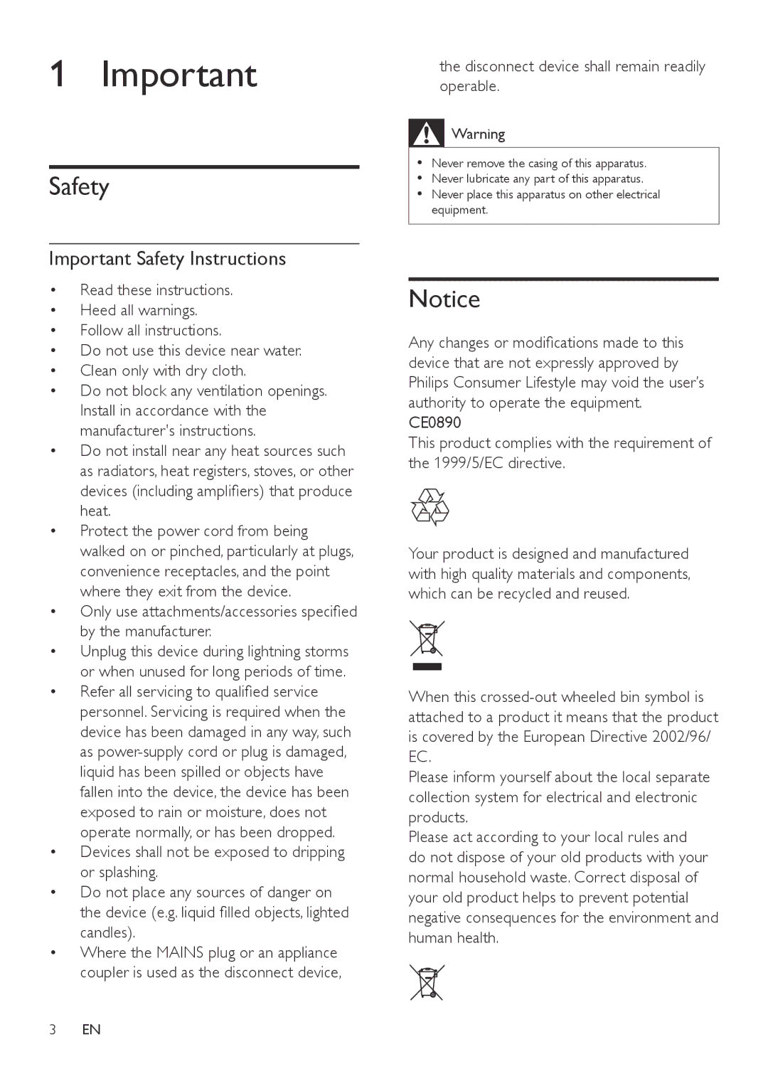 Philips SBT550WHI/12 user manual Important Safety Instructions, Disconnect device shall remain readily operable 