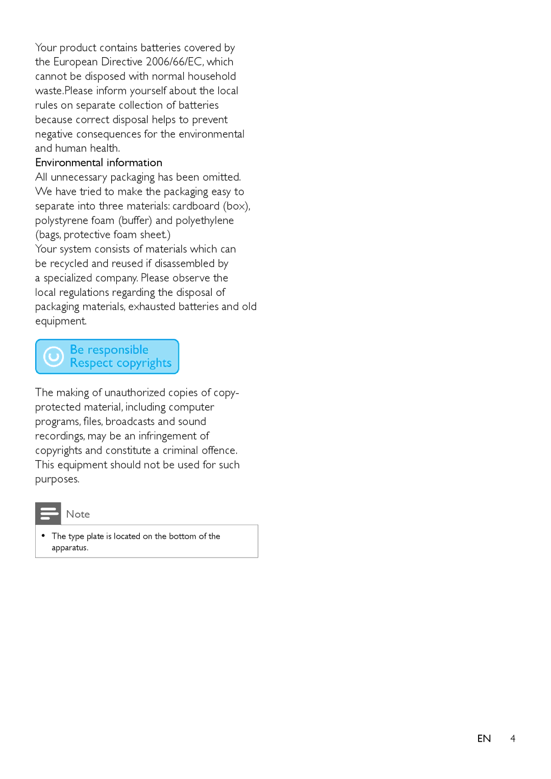 Philips SBT550WHI/12 user manual Environmental information 