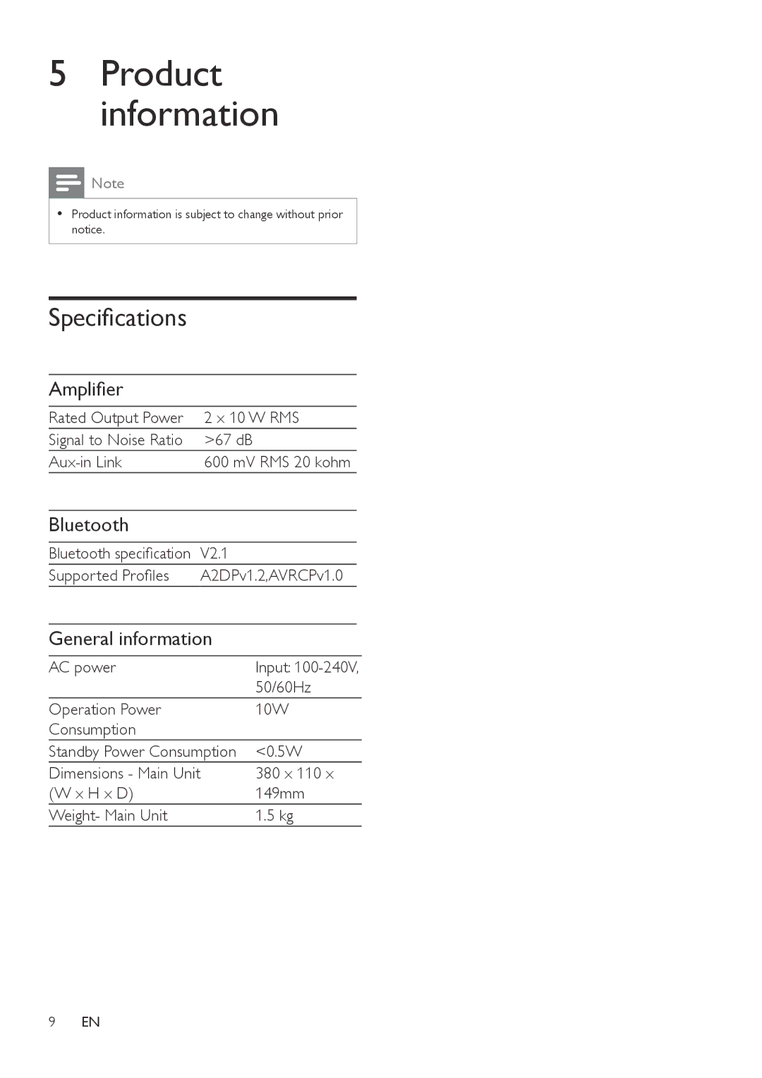 Philips SBT550WHI/12 user manual Product information, Specifications, Amplifier, Bluetooth, General information 