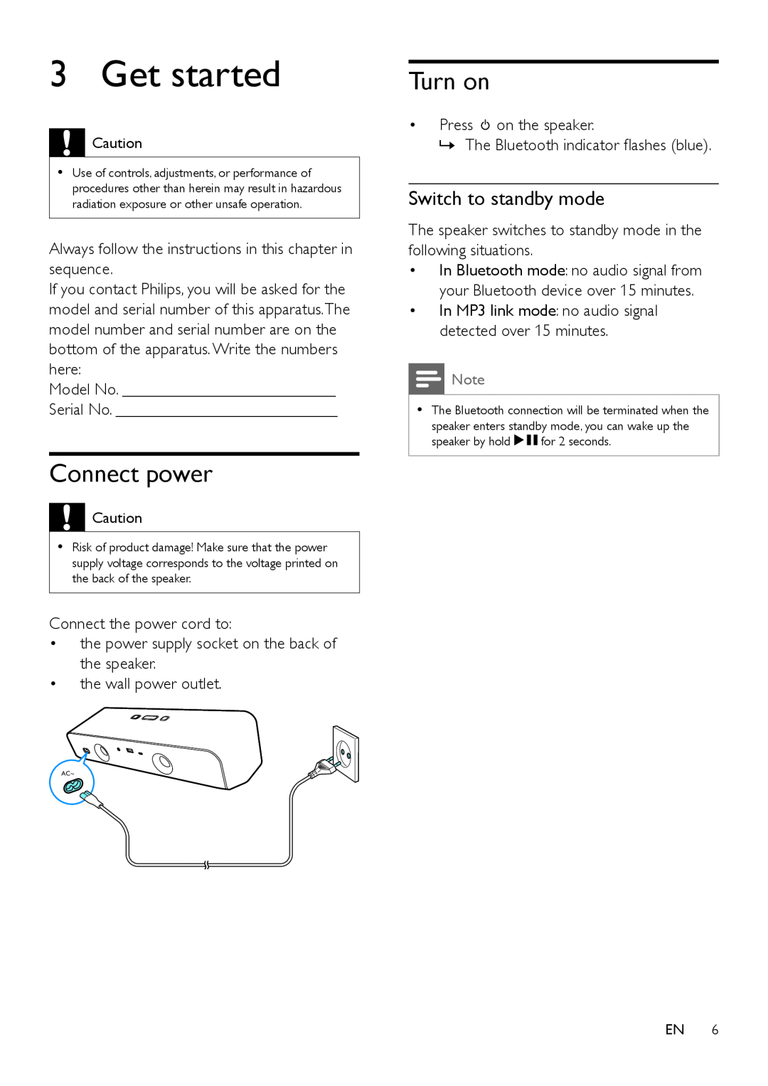 Philips SBT550WHI/12 user manual Get started, Connect power, Turn on, Switch to standby mode 