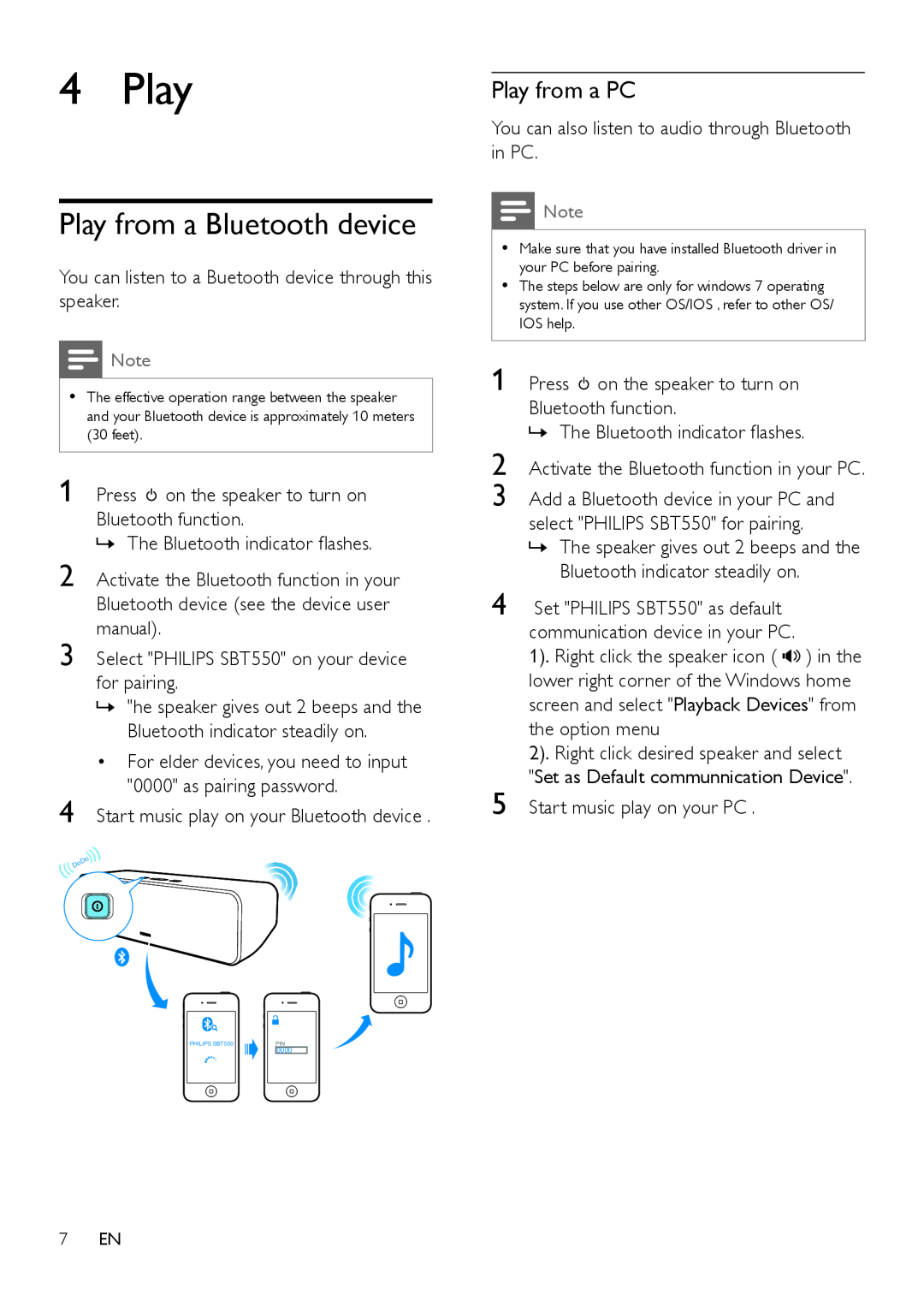 Philips SBT550WHI/12 user manual Play from a Bluetooth device, Play from a PC 