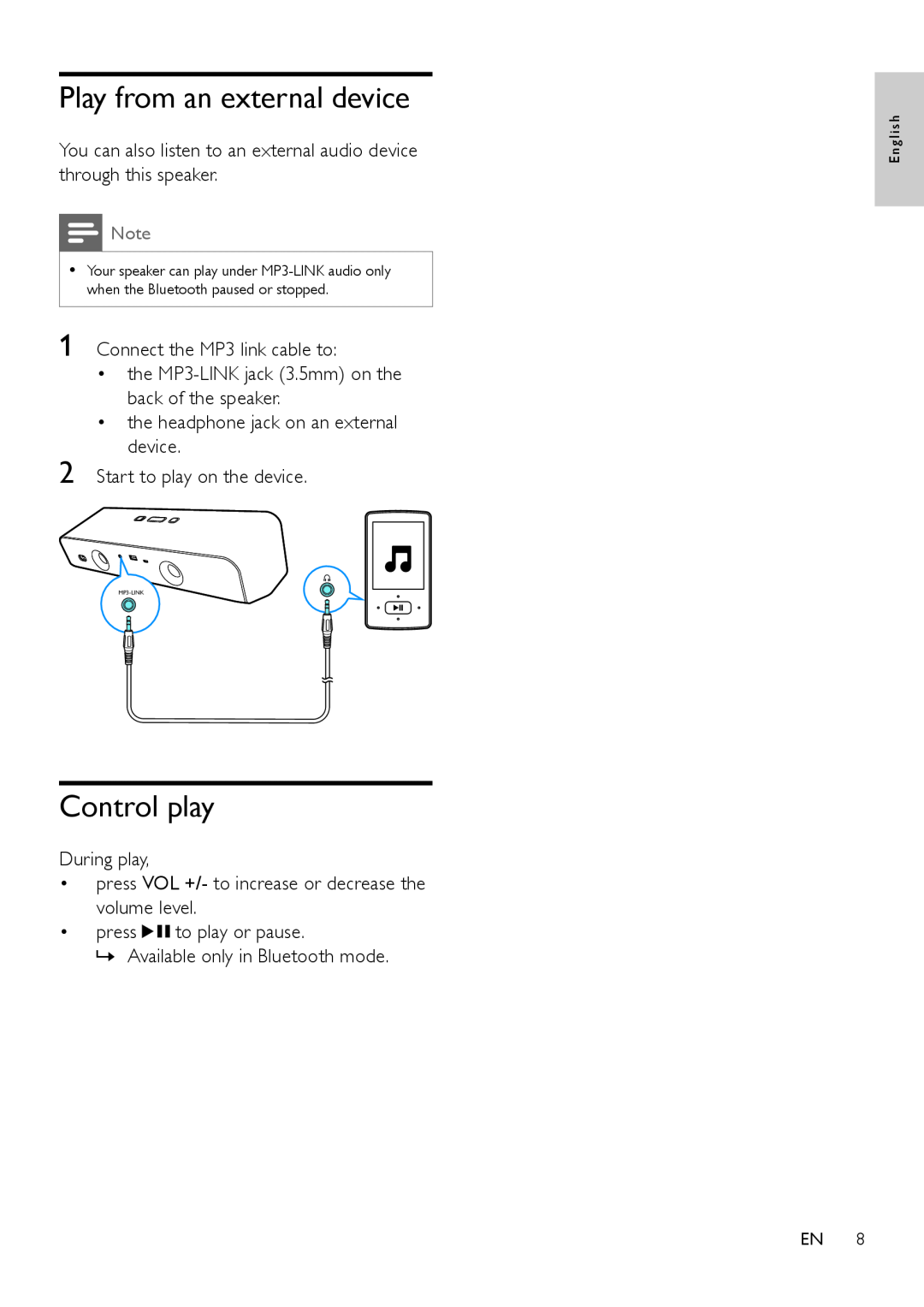 Philips SBT550WHI/12 user manual Play from an external device, Control play 
