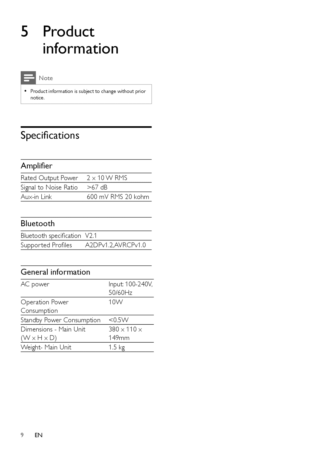 Philips SBT550WHI/12 user manual 5Product information, Specifications, Amplifier, Bluetooth, General information 