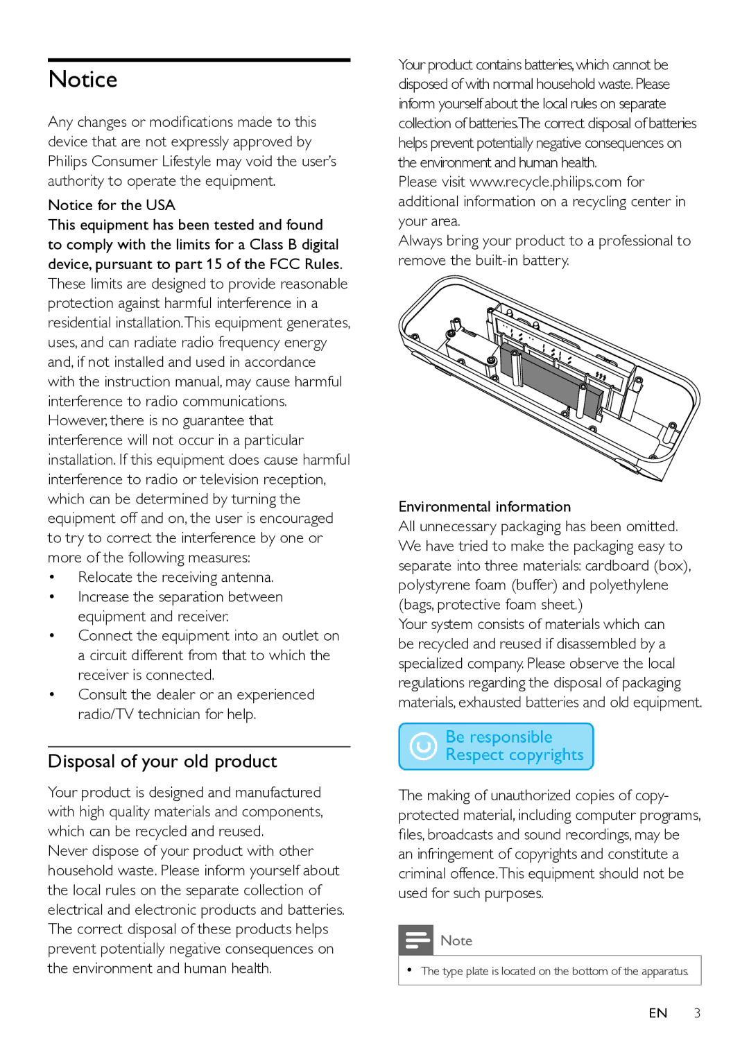 Philips SBT75/37 user manual Disposal of your old product, Relocate the receiving antenna, Environmental information 