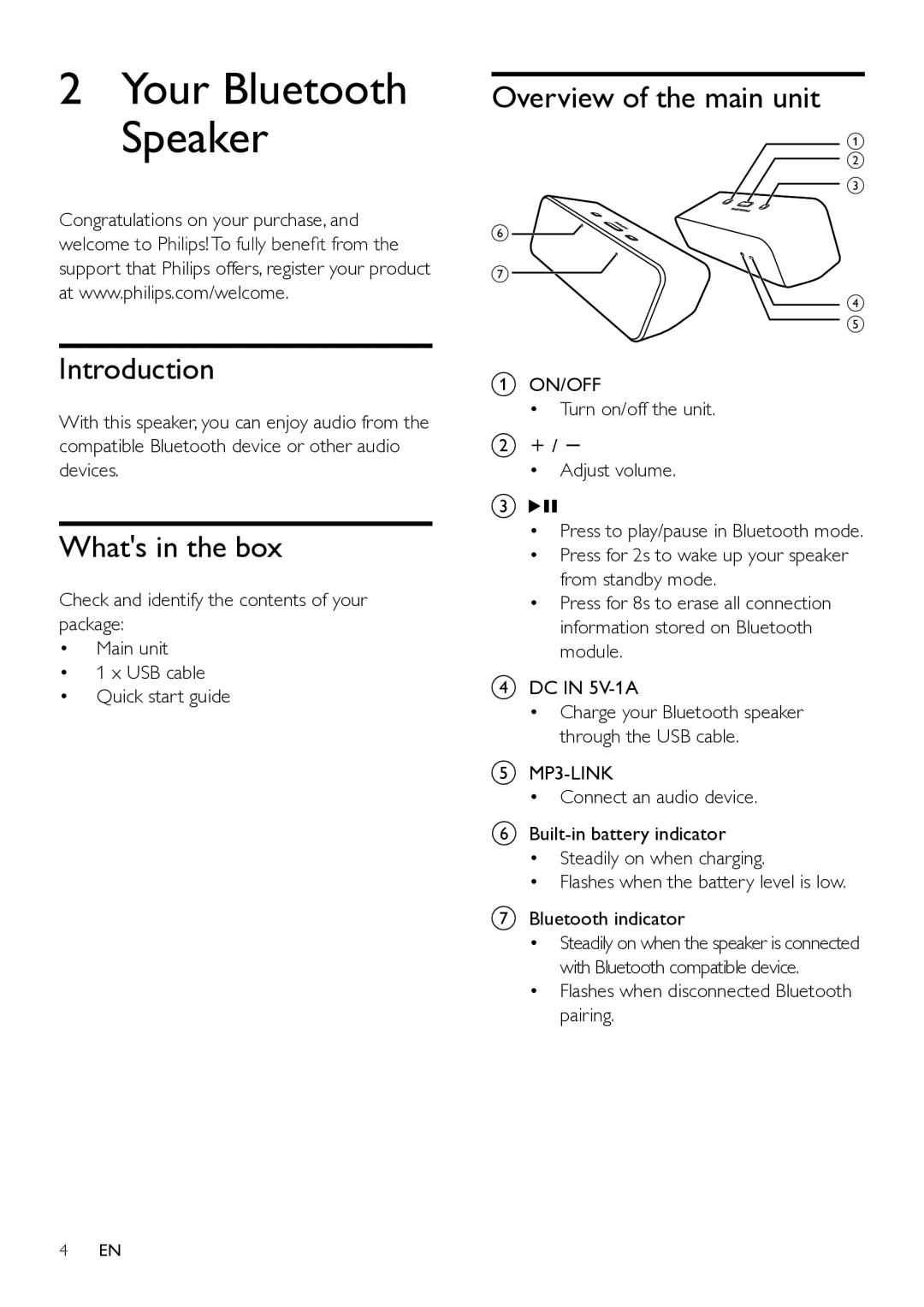 Philips SBT75/37 Introduction, Whats in the box, Overview of the main unit, Flashes when disconnected Bluetooth pairing 