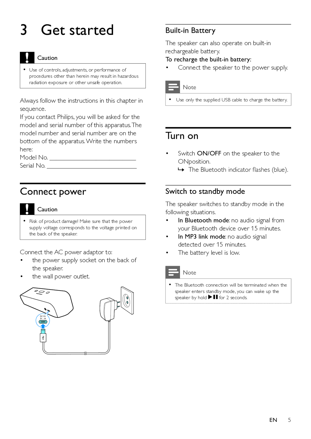 Philips SBT75/37 user manual Get started, Connect power, Turn on, Built-in Battery, Switch to standby mode 