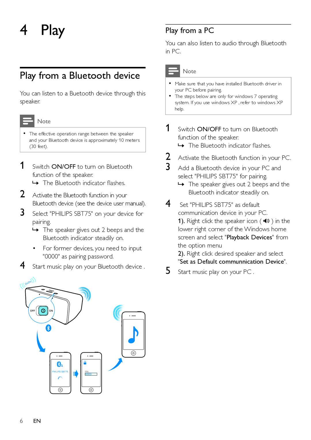 Philips SBT75/37 user manual Play from a Bluetooth device, Play from a PC 