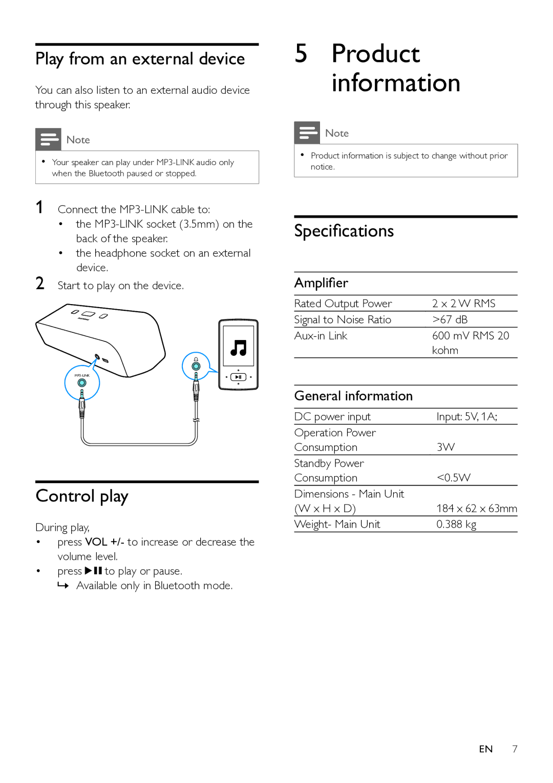 Philips SBT75/37 user manual Play from an external device, Control play, Specifications, Amplifier, General information 