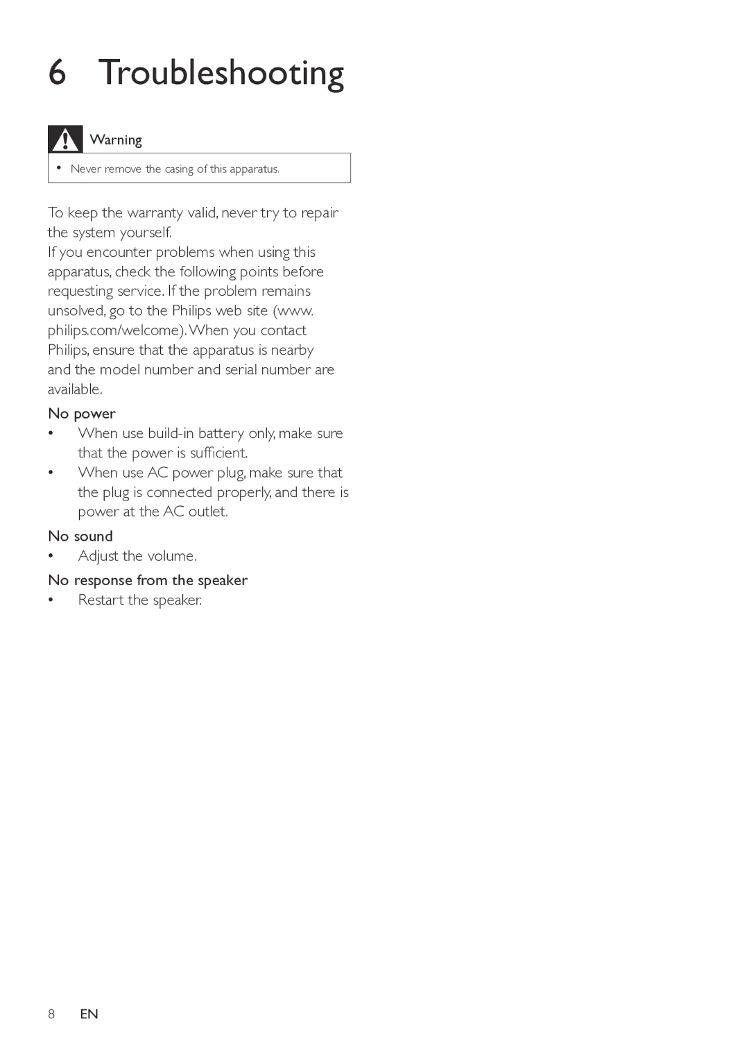 Philips SBT75/37 user manual Troubleshooting 