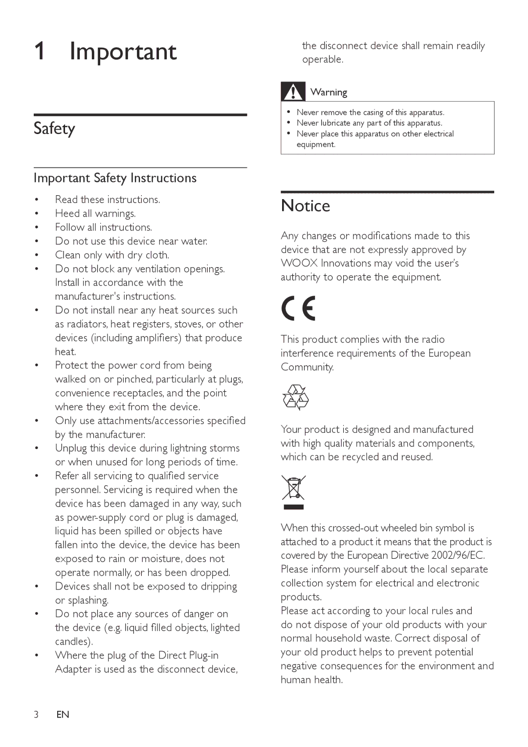 Philips SBT75WHi/93 user manual Important Safety Instructions, Disconnect device shall remain readily operable 