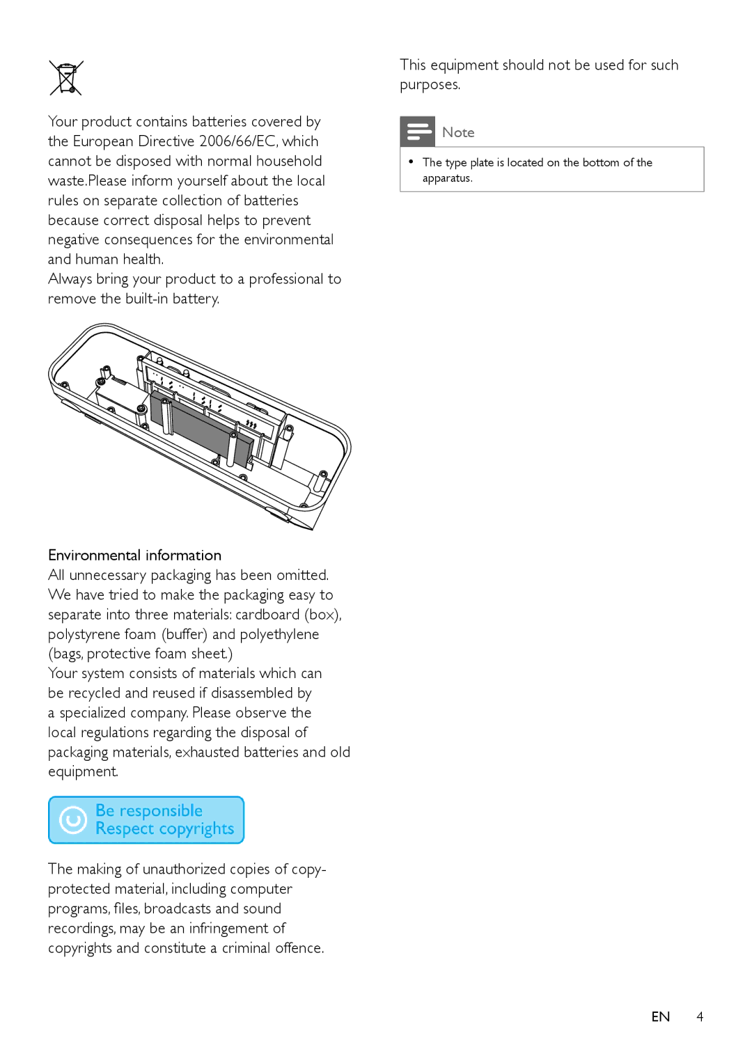 Philips SBT75WHi/93 user manual Environmental information, This equipment should not be used for such purposes 