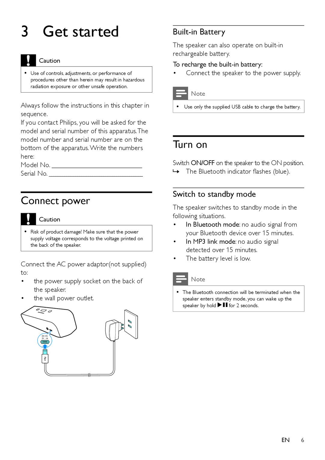 Philips SBT75WHi/93 user manual Get started, Connect power, Turn on, Built-in Battery, Switch to standby mode 