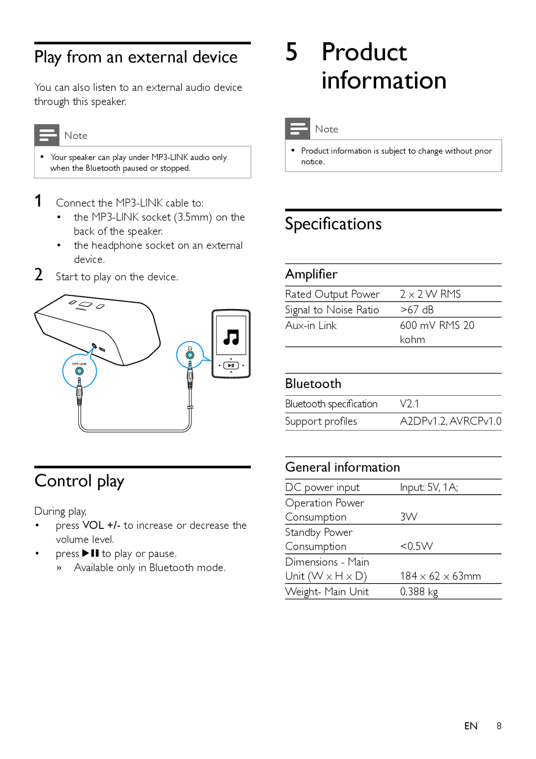 Philips SBT75WHi/93 user manual Product information, Play from an external device, Control play, Specifications 