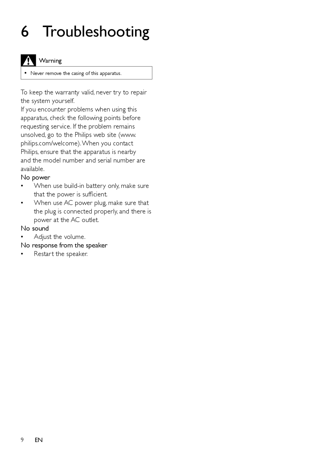 Philips SBT75WHi/93 user manual Troubleshooting 