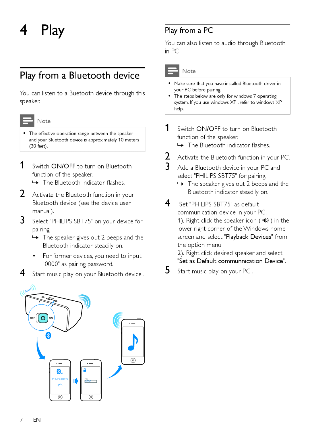 Philips SBT75WHi/93 user manual Play from a Bluetooth device, Play from a PC 