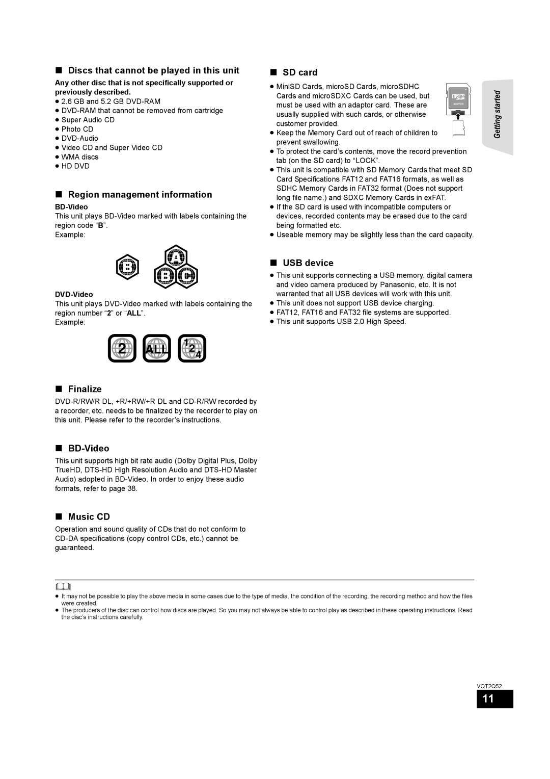 Philips SC-BT735 Discs that cannot be played in this unit, Region management information, SD card, Finalize 