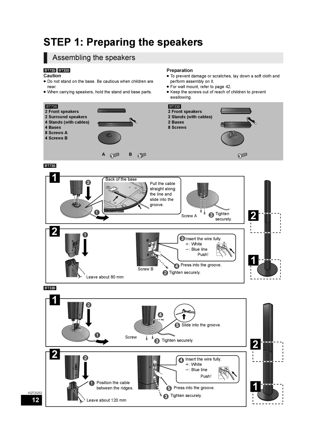 Philips SC-BT735 operating instructions Preparing the speakers, Assembling the speakers, Preparation, BT735 BT330 