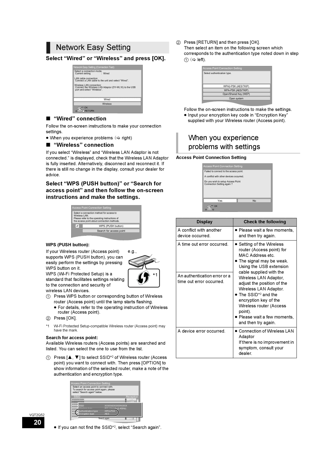 Philips SC-BT735 Network Easy Setting, When you experience problems with settings, Select Wired or Wireless and press OK 