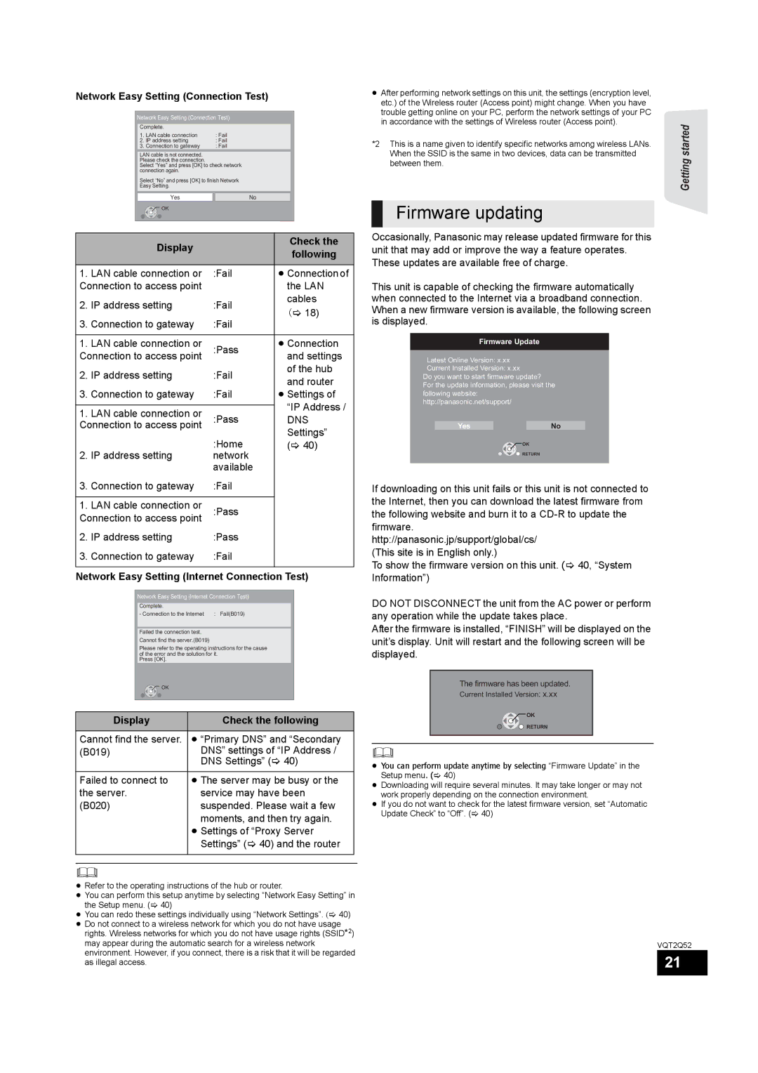 Philips SC-BT735 operating instructions Firmware updating, Network Easy Setting Connection Test, Display Check 