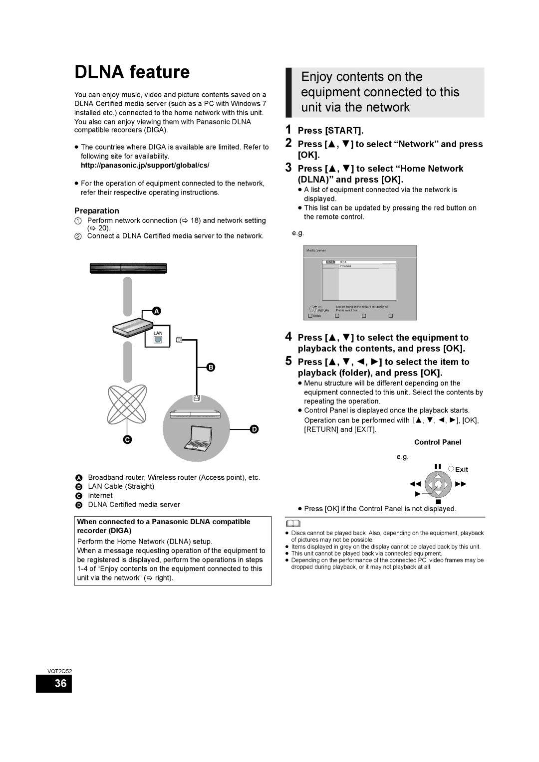 Philips SC-BT735 Dlna feature, When connected to a Panasonic Dlna compatible recorder Diga, Control Panel 