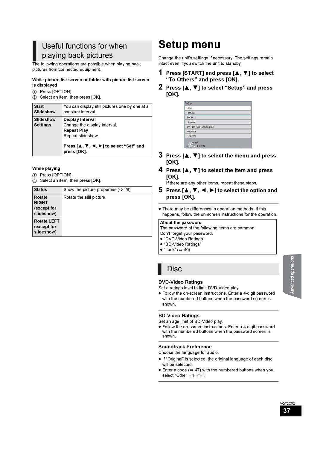 Philips SC-BT735 operating instructions Setup menu, Useful functions for when playing back pictures 