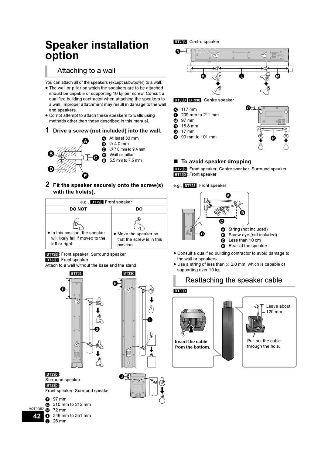 Philips SC-BT735 operating instructions Speaker installation option, Attaching to a wall, Reattaching the speaker cable 