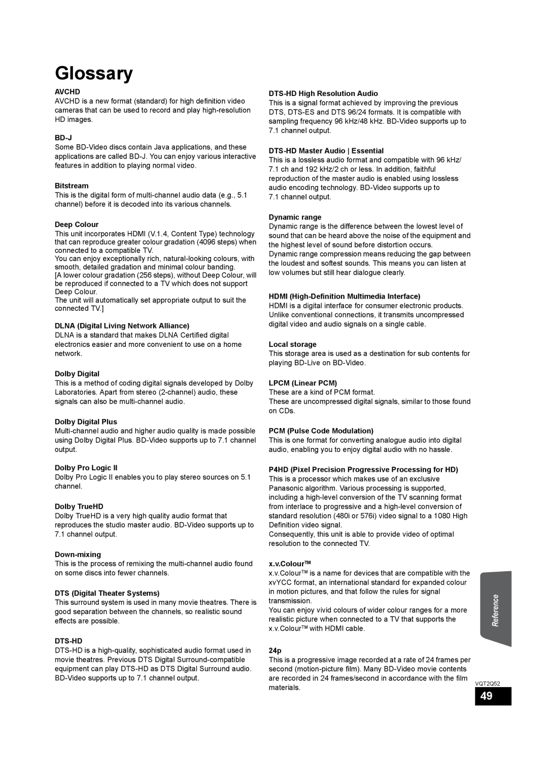 Philips SC-BT735 operating instructions Glossary, Avchd, Bd-J, Dts-Hd 