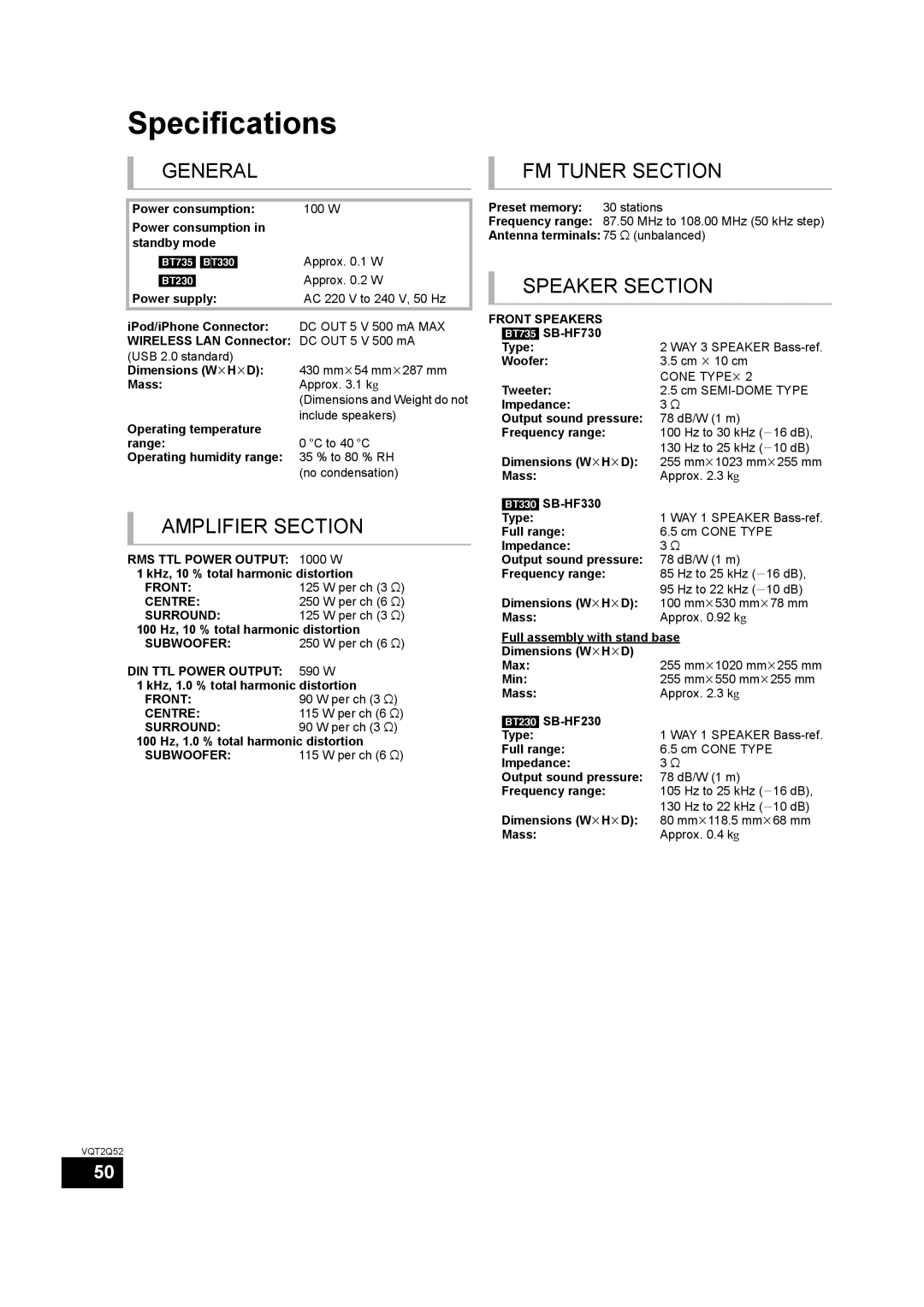 Philips SC-BT735 operating instructions Specifications 