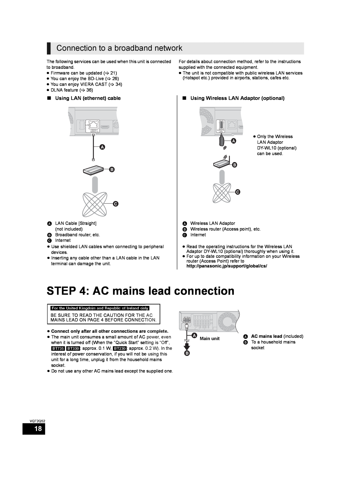 Philips SC-BT735 AC mains lead connection, Connection to a broadband network,   , ∫Using LAN ethernet cable 