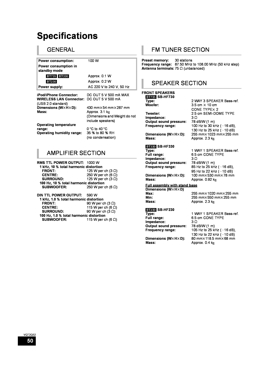 Philips SC-BT735 operating instructions Specifications, General, Amplifier Section, Fm Tuner Section, Speaker Section 
