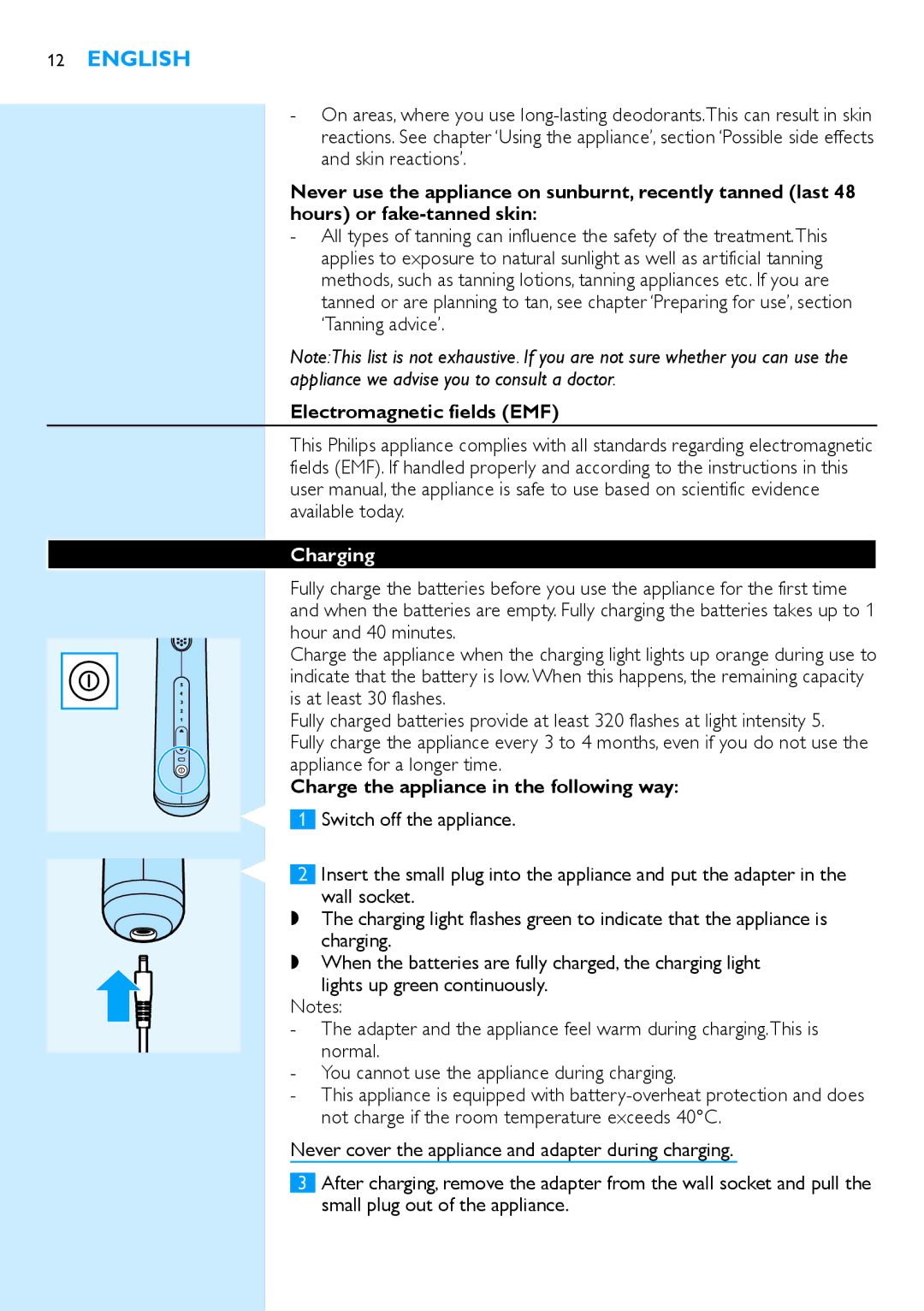 Philips SC2001/01 manual Electromagnetic fields EMF, Charging, Charge the appliance in the following way 