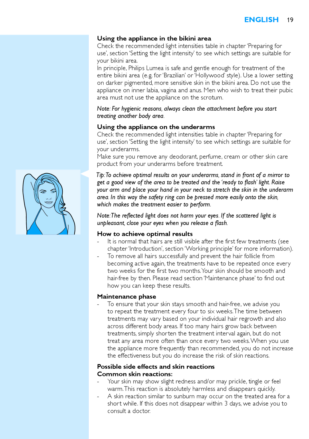 Philips SC2001/01 manual Using the appliance in the bikini area, Using the appliance on the underarms, Maintenance phase 