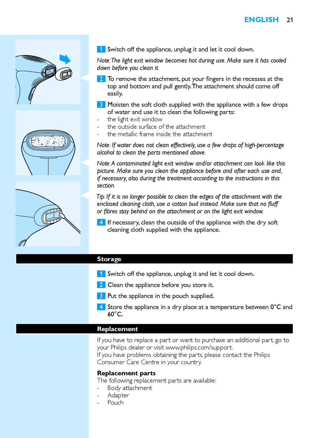 Philips SC2001/01 manual Storage, Replacement parts 