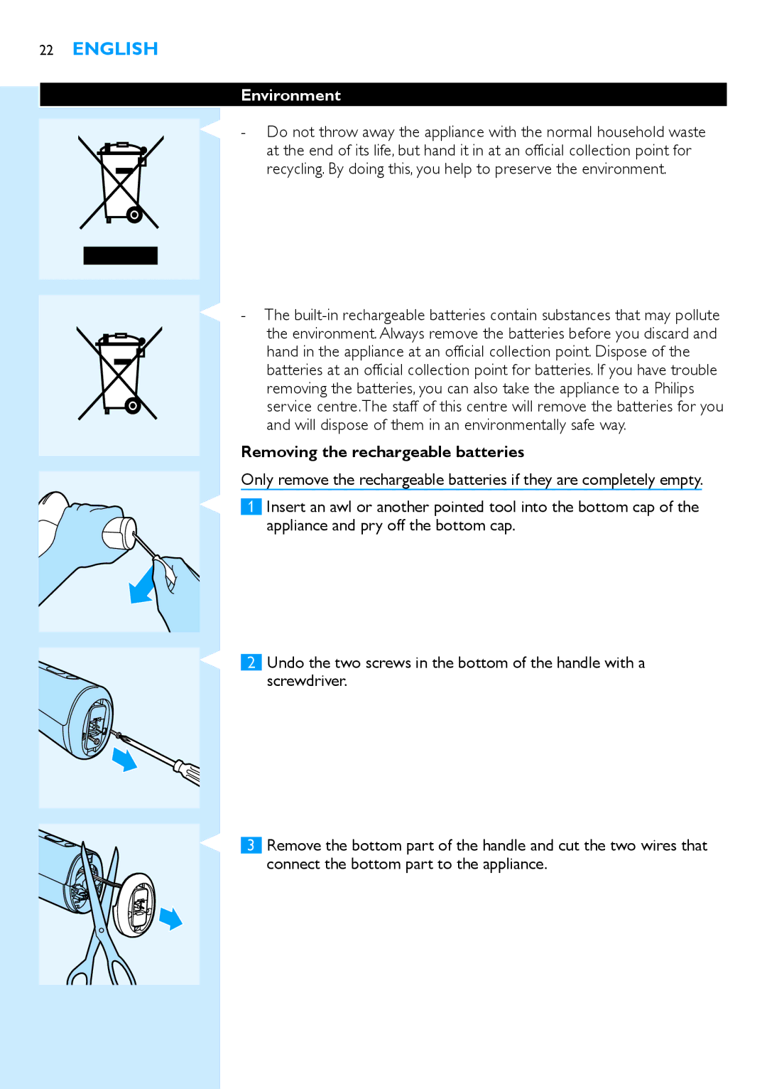 Philips SC2001/01 manual Environment, Removing the rechargeable batteries 