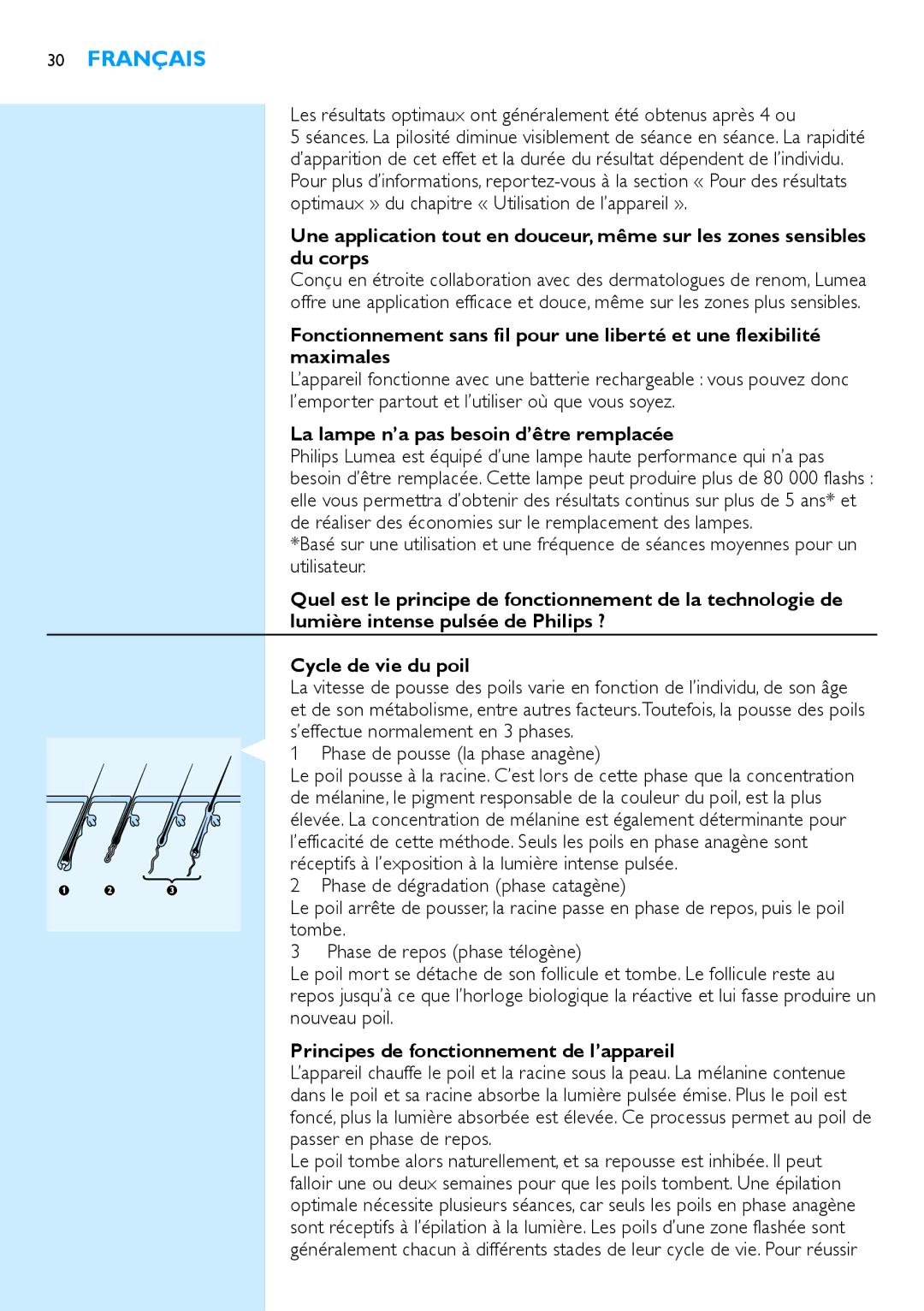 Philips SC2001/01 manual La lampe n’a pas besoin d’être remplacée, Phase de pousse la phase anagène 