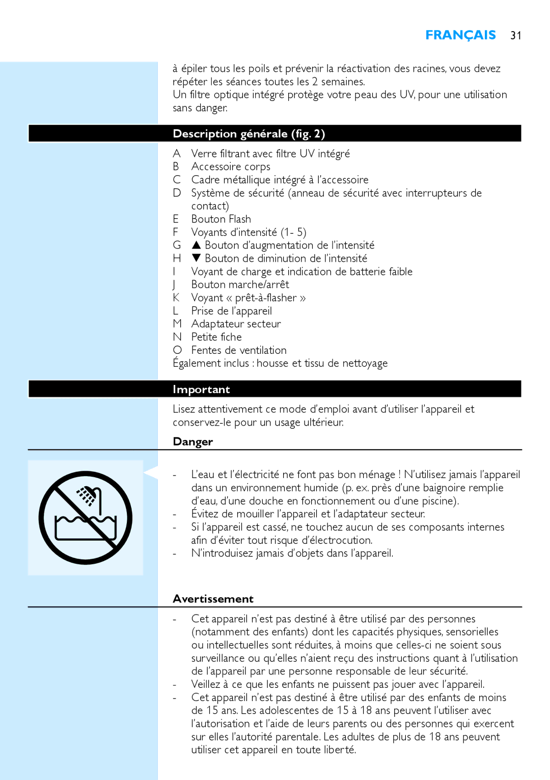 Philips SC2001/01 manual Description générale, Évitez de mouiller l’appareil et l’adaptateur secteur, Avertissement 
